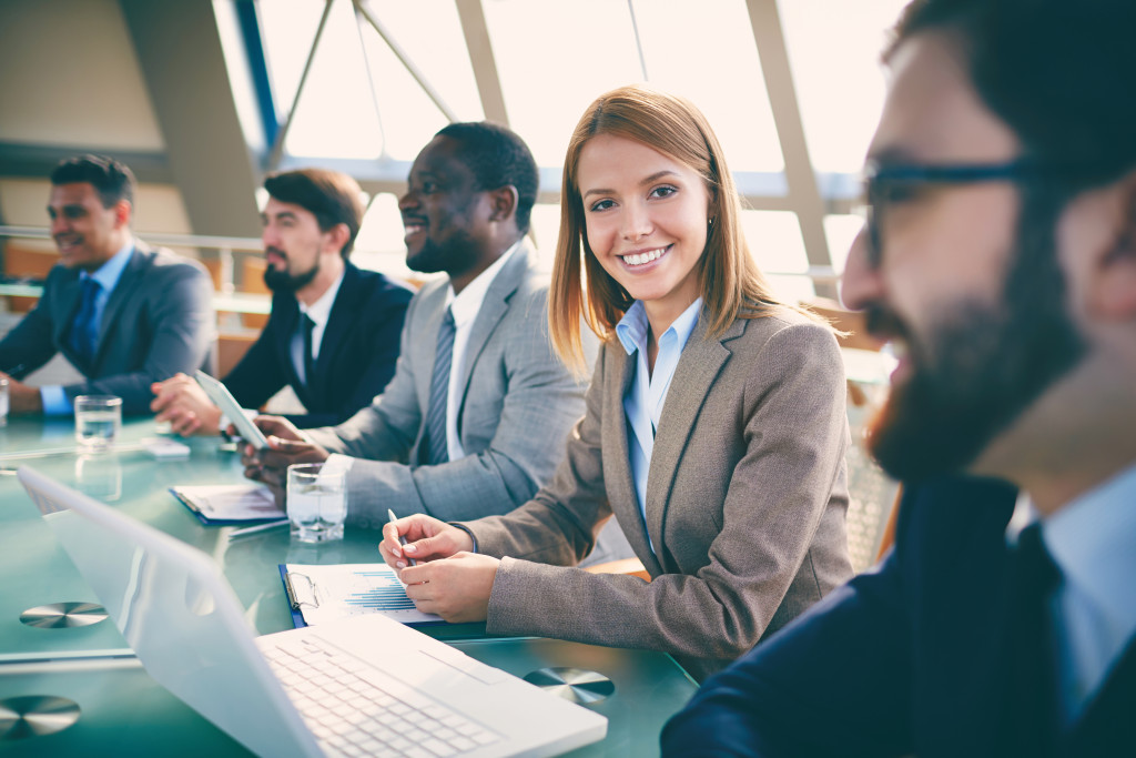 row of business people in presentation